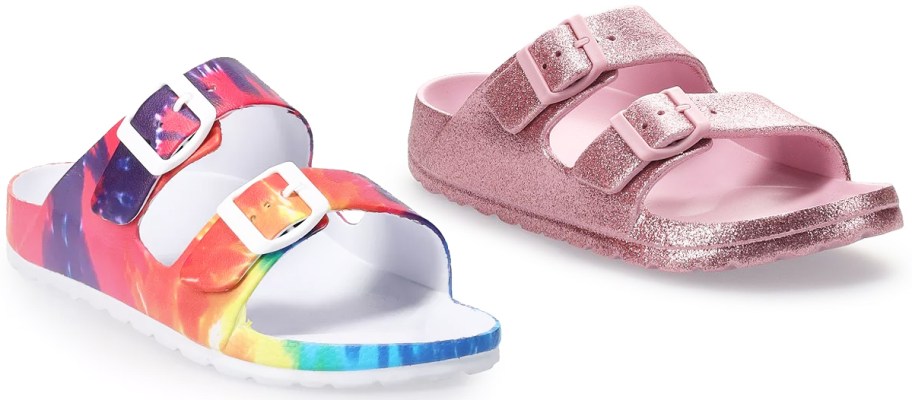 tie dye and sparkly pink double strap sandals