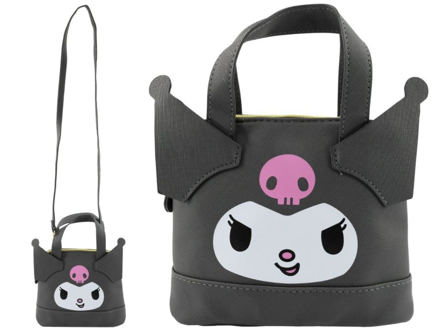 A black, white, and pink Hello Kitty bag