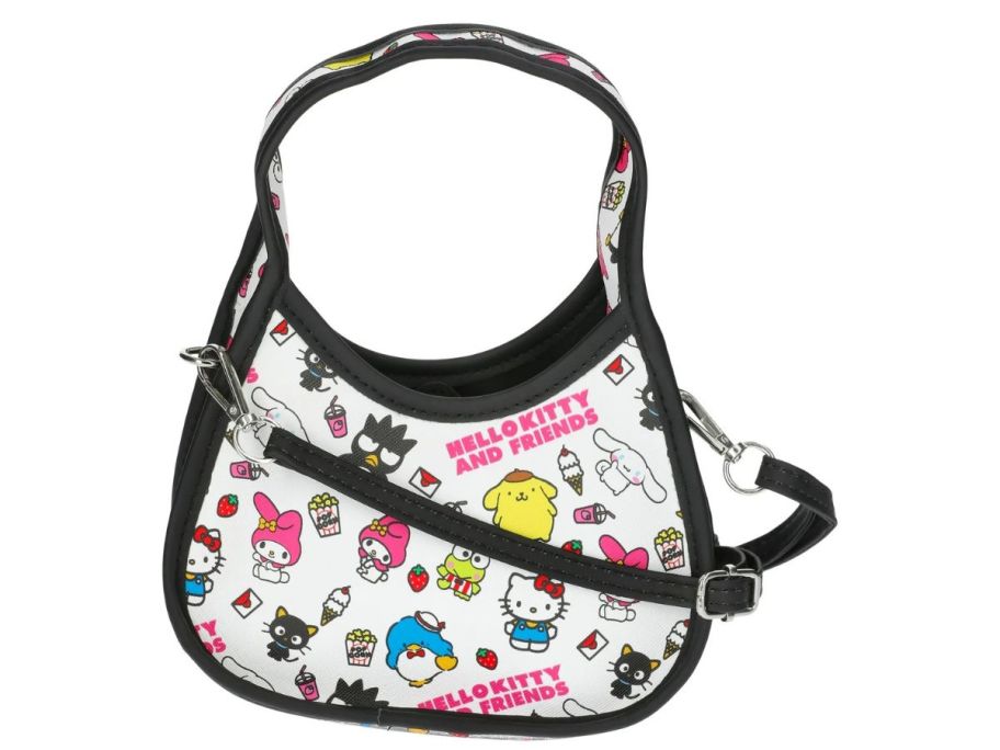 A black and white multicolored Hello Kitty purse