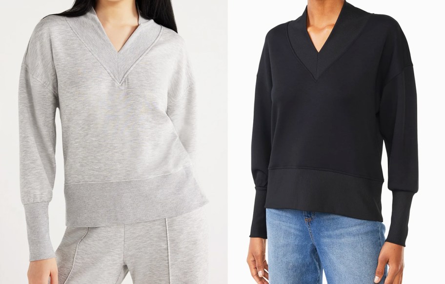 two women in grey and black v-neck sweatshirts