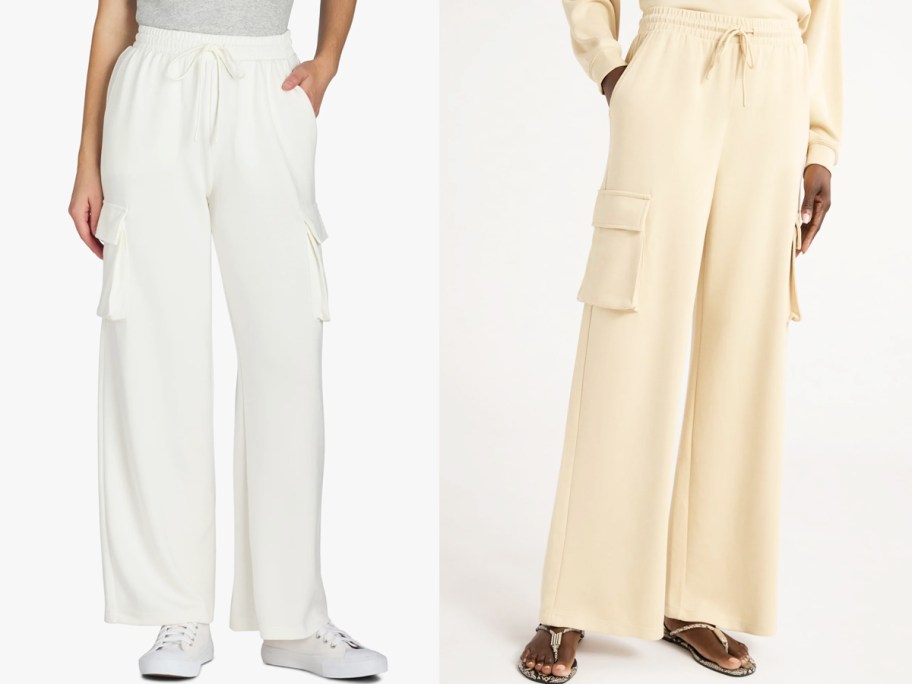 two women in white and tan sweatpants with cargo pockets