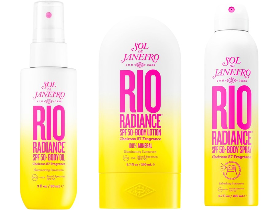 yellow, pink, and white bottles of Sol de Janeiro Rio Radiance products