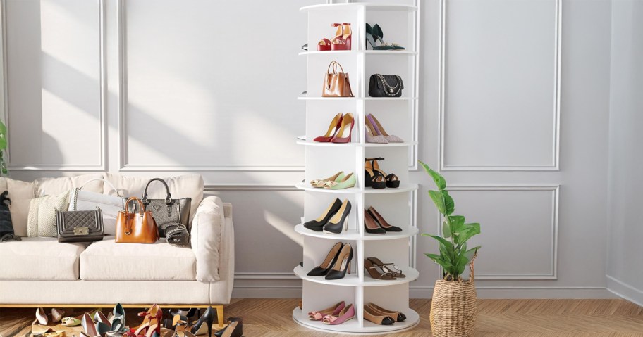 SpaceAid 7-Tier Rotating Shoe Rack in a living room with shoes and purses