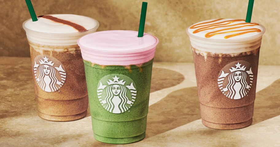 3 different Starbucks Strato Frappuccino blended beverages on countertop