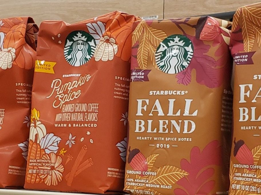 Bags of Starbucks Pumpkin Spice and Fall Blend Coffees