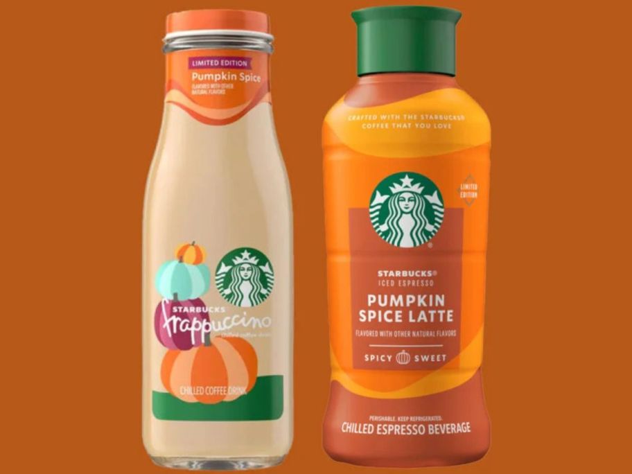 Stock images of Starbucks Pumpkin Spice Frappuccino 13.7oz Bottle and Punpkin Spice Latte