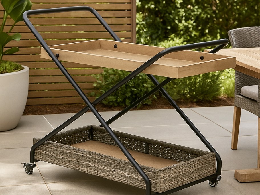 serving cart with wood and wicker storage tiers