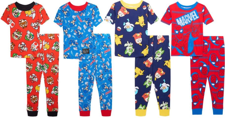 4 sets of Walmart kids pjs in various character motifs