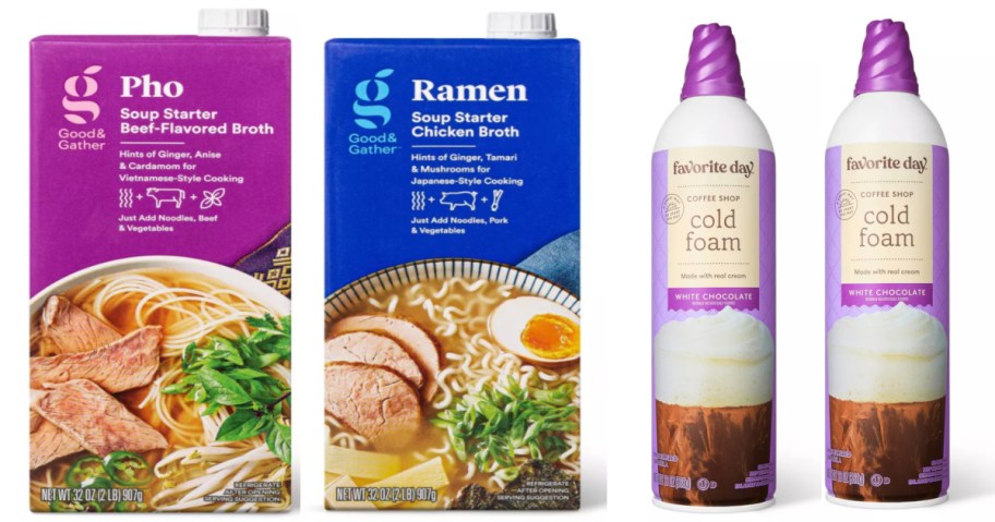 two cartons of soup starter broth and two bottles of cold foam