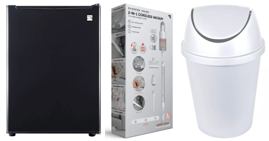 mini fridge, vacuum and trash can