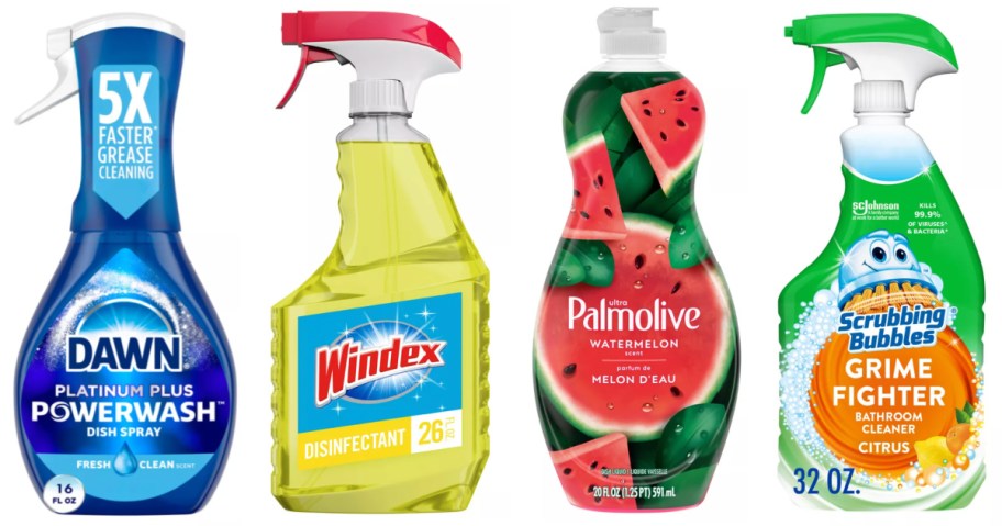 dish spray, surface cleaner, dish soap and bathroom cleaner