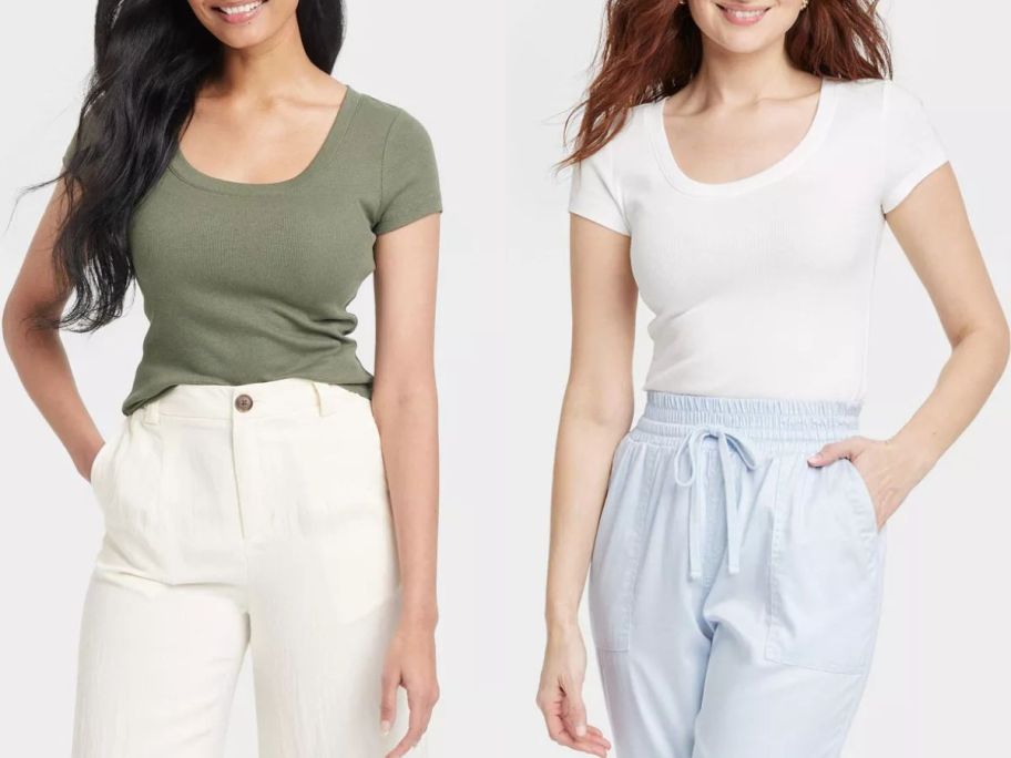 two women wearing A New Day Women's Slim Fit Ribbed Scoop Neck T-ShirtA New Day Women's Slim Fit Ribbed Scoop Neck T-Shirts