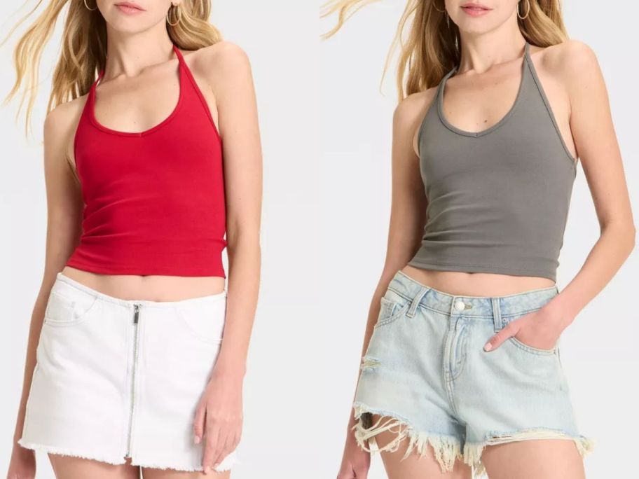 Two women wearing Wild Fable Women's Interlock Halter Tank Tops