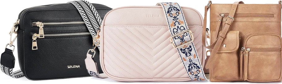 black, pink, and tan crossbody bags
