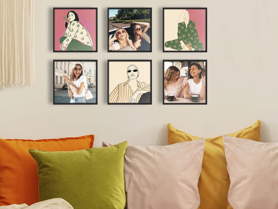 6 TilePix photos on wall above couch with colorful pillows