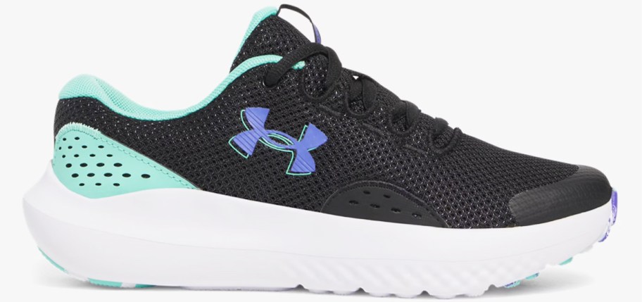 black, teal, and blue under armour running shoe