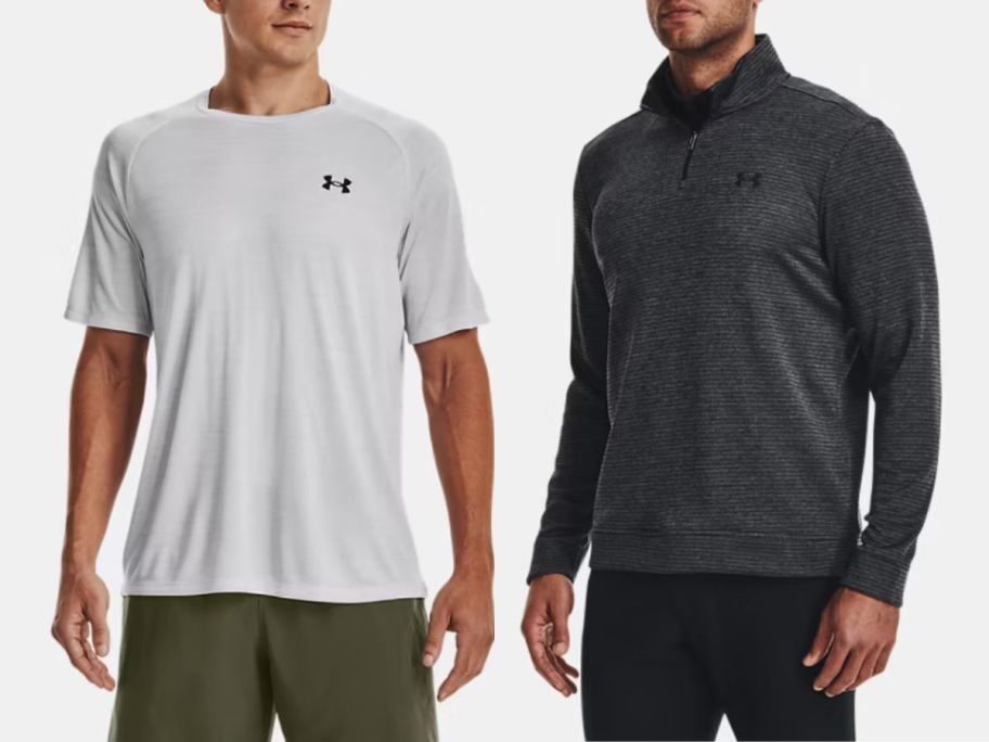 Two men wearing Under Armour tops: one in a white tee and the other in a gray fleece
