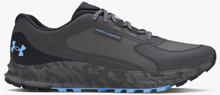 black and blue trail running shoe