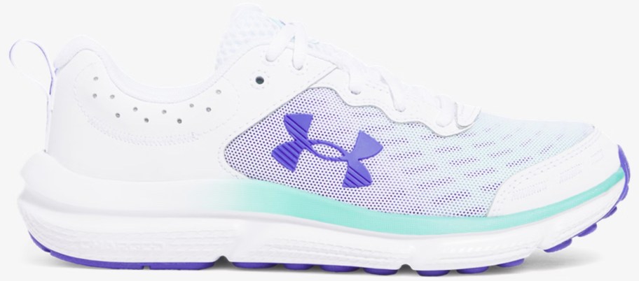 white, purple, and teal running shoe
