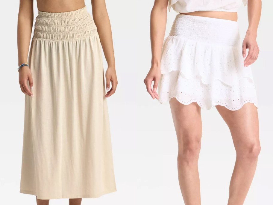 Universal Thread Women's Knit Smocked Maxi A-Line Skirt.and Eyelet Ruffle Mini A-Line Skirt