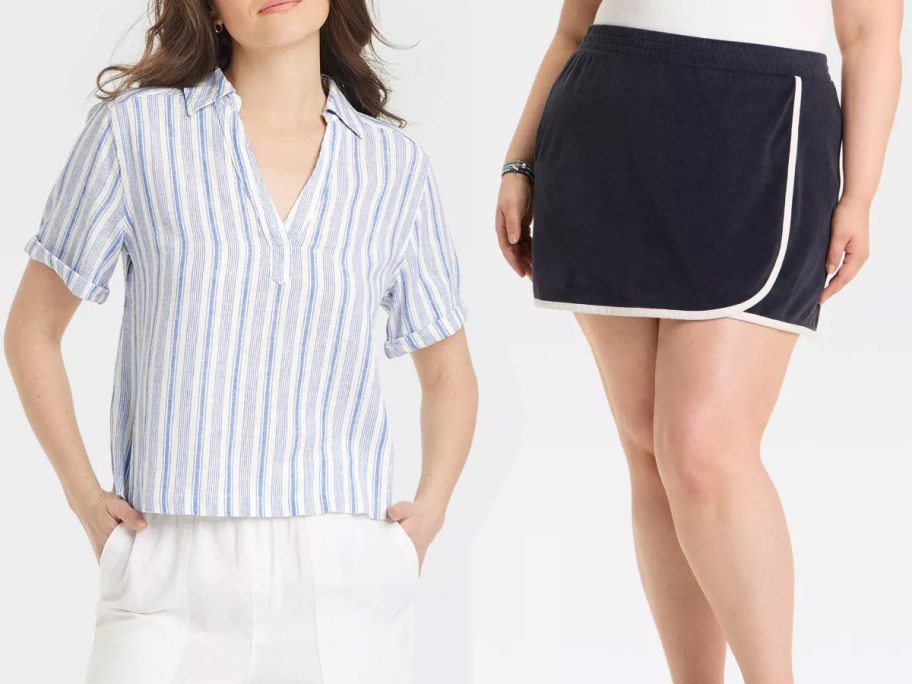 Universal Thread Women's Short Sleeve Popover Blouse and Leisure Studio Loop Terry Mini Skort