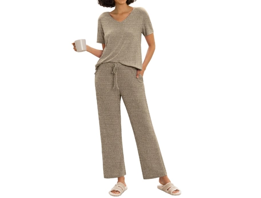 stock photo of woman in ribbed pajamas