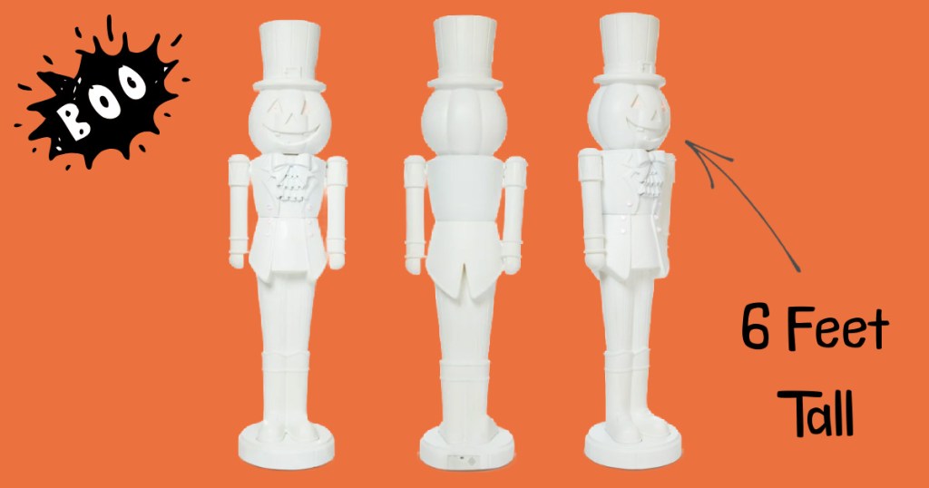 Giant Nutcracker Halloween themed blow mold on orange background