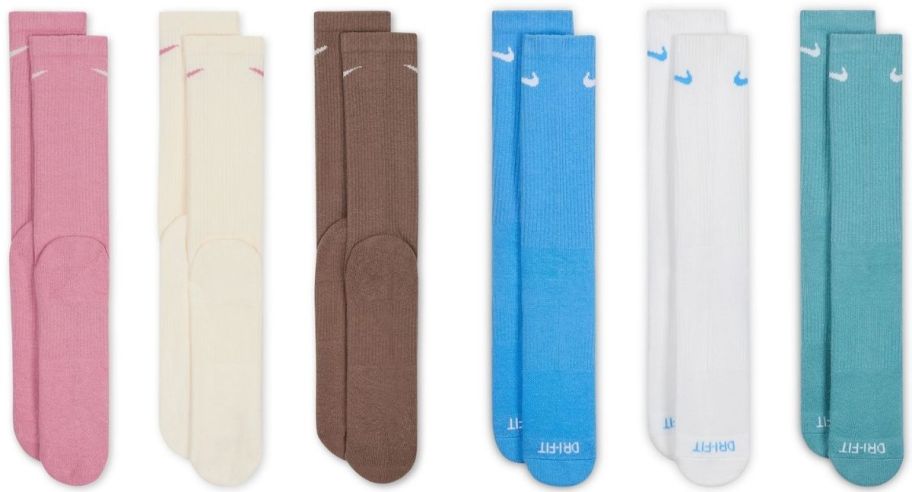 6 pair of womens cushioned crew socks in various colors