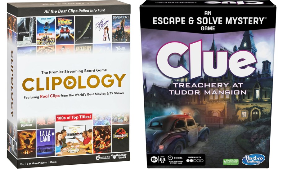 boxes for Clipology and Clue: Treachery at Tudor Mansion board games