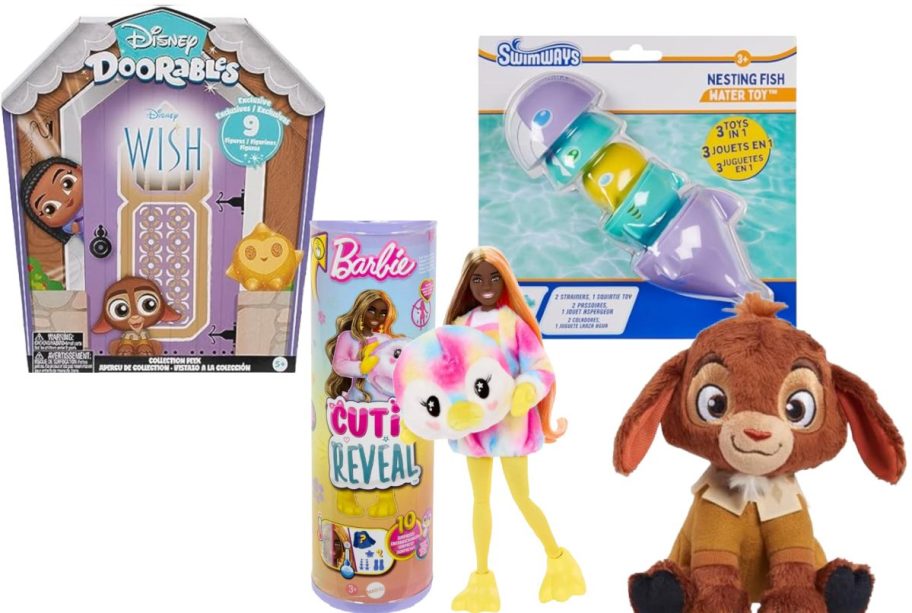 Stock images of Disney Doorables, Barbie color Reveal, Swimways Stacking Fish, and Wish Valentino Plush .