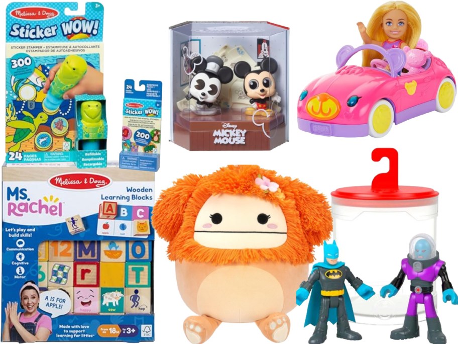 Stock images of Ms. Rachel Melissa & Doug Blocks, Melissa & Doug Sticker Wpw Set, Disney Doorables, Squishmallows Bigfoot, Barbie Chelsea with car, and Imaginext Color Change DC Comics Figures
