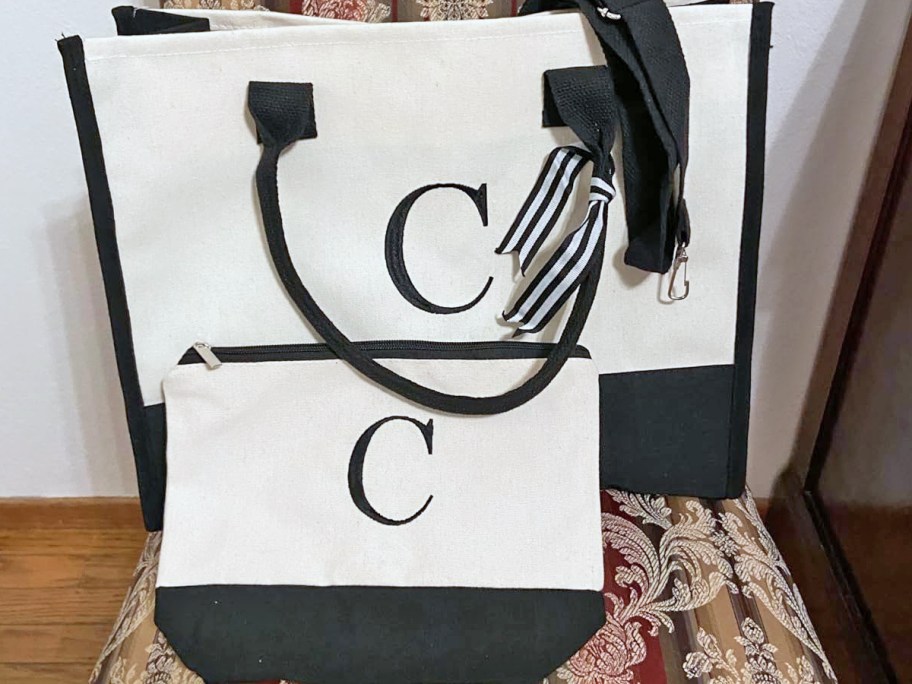 matching tote and makeup bag with the letter C embroidered on them