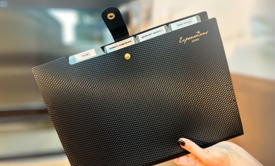 a womans hand holding a black accordian file
