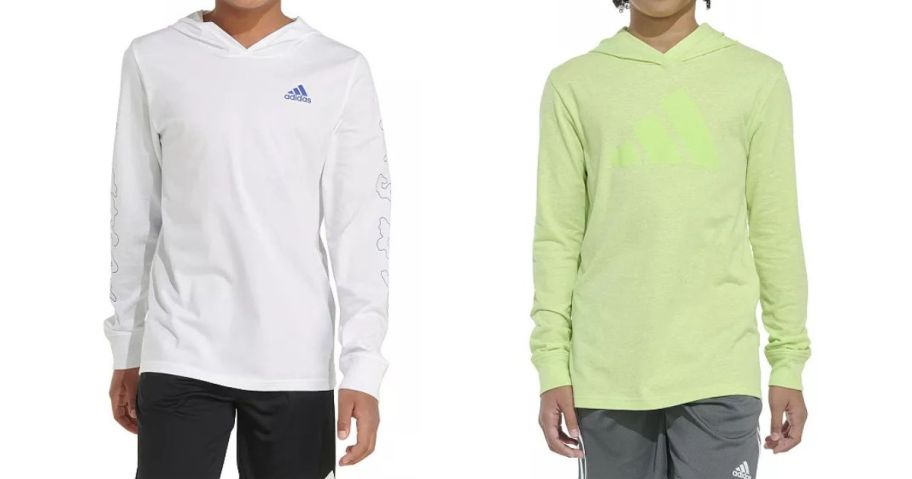 two boys wearing adidas hoodies in white and lime green