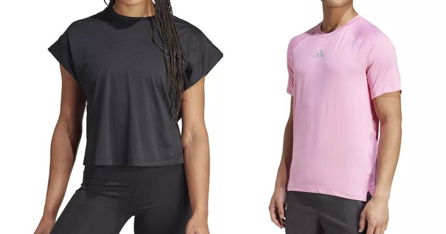 a woman wearing a black adidas tee and a man wearing a pink adidas tee