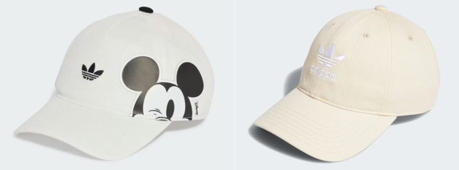 an adidas mickey mouse and a cream colored hat
