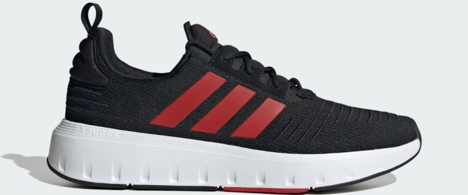 A black and red running shoe