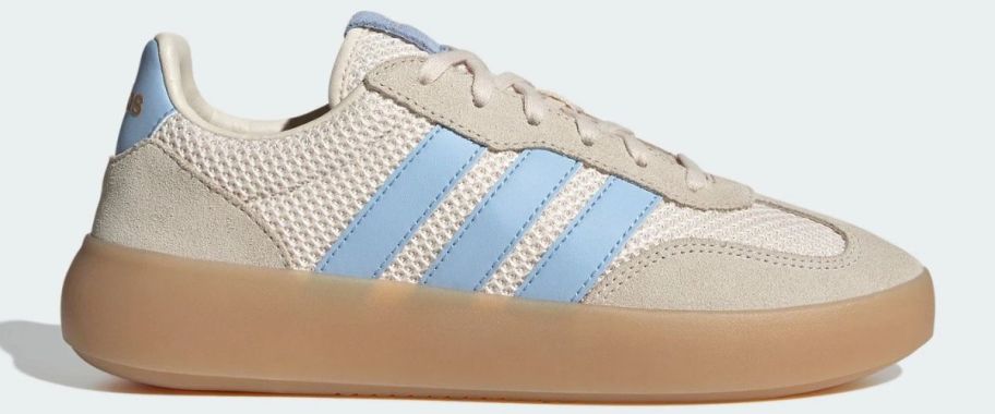 A tan and blue sneaker