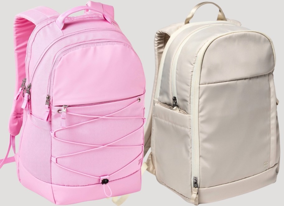 a pink backpack and an off white backpack