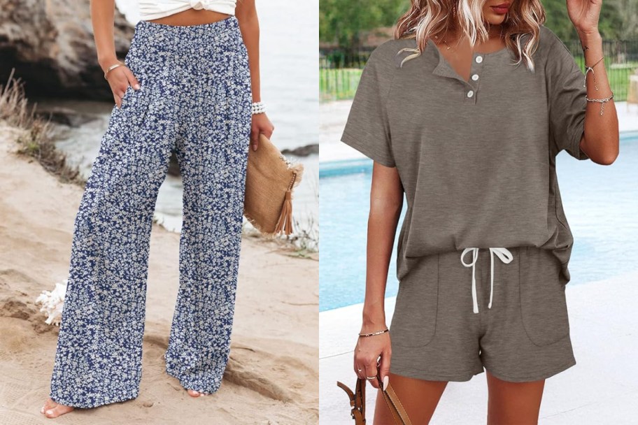 women in floral pants and lounge set