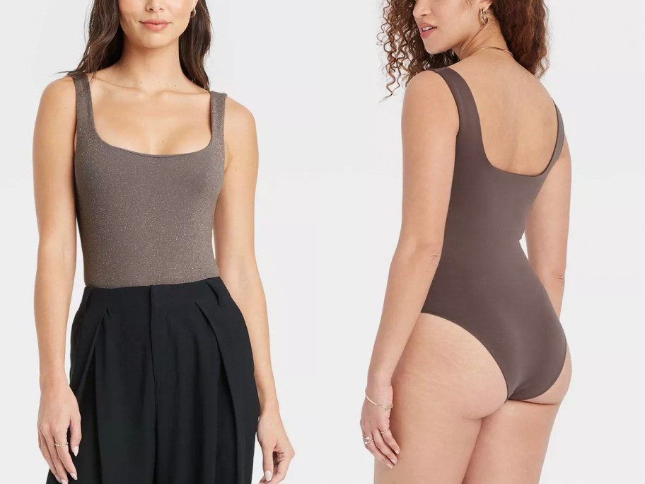 women wearing brown bodysuits