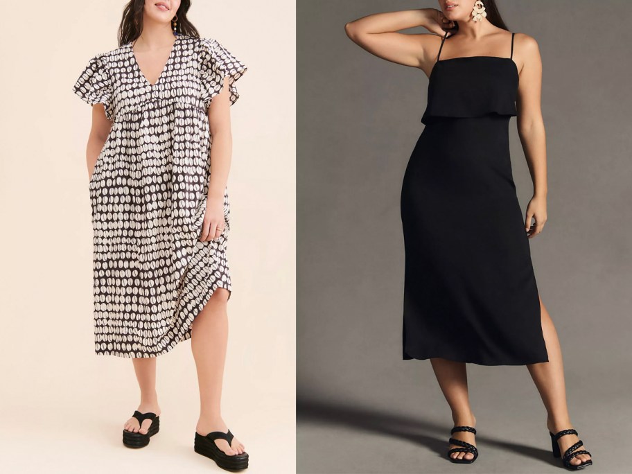 two women wearing printed and black dress