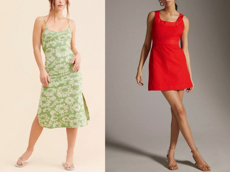 women wearing green floral, and red dresses
