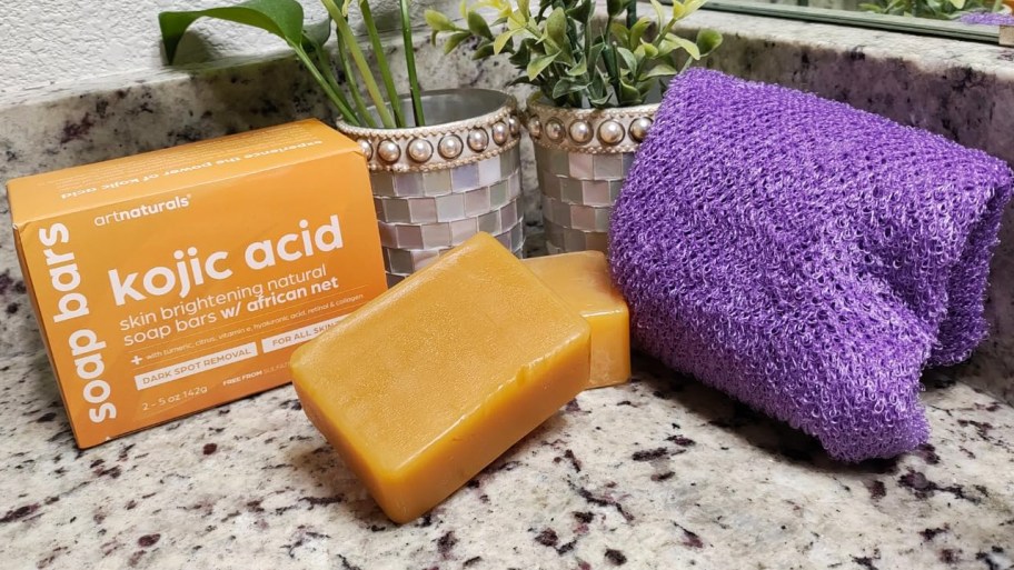 turmeric soap sitting on bathroom counter