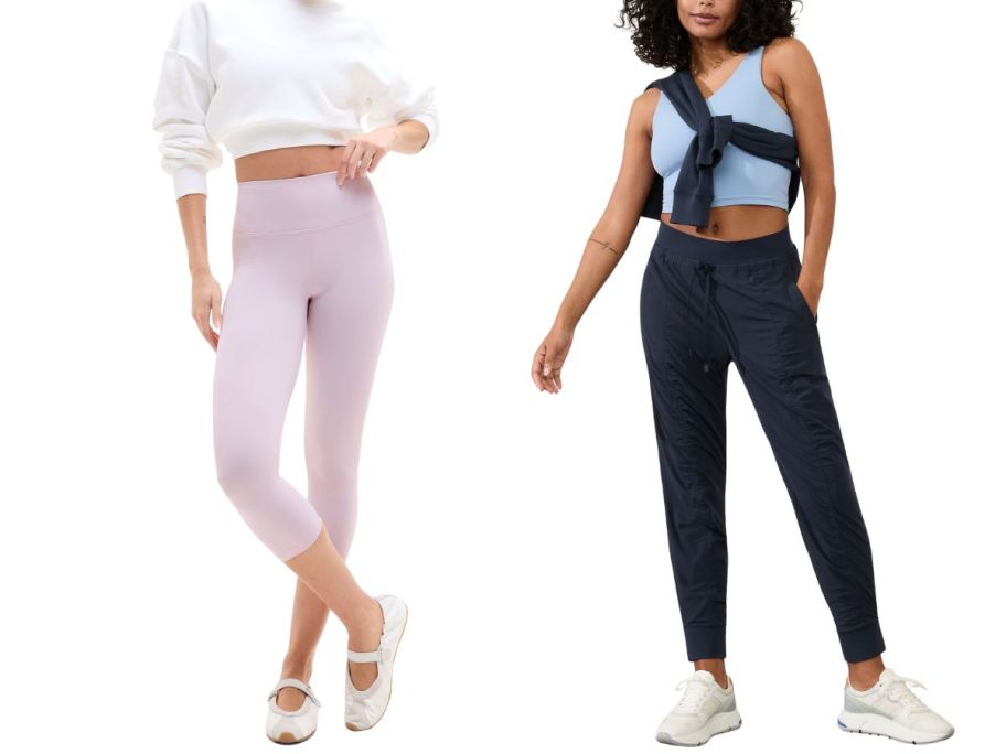 woman wearing pink leggings and woman wearing black leggings