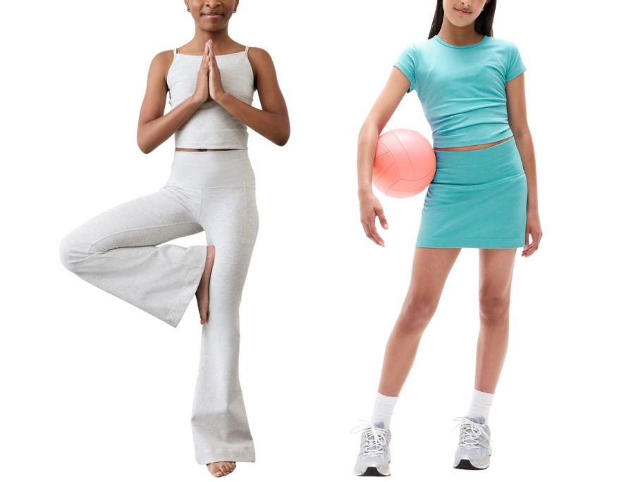 girl wearing gray tank and sweatpants and girl wearing teal short sleeve top and matching top