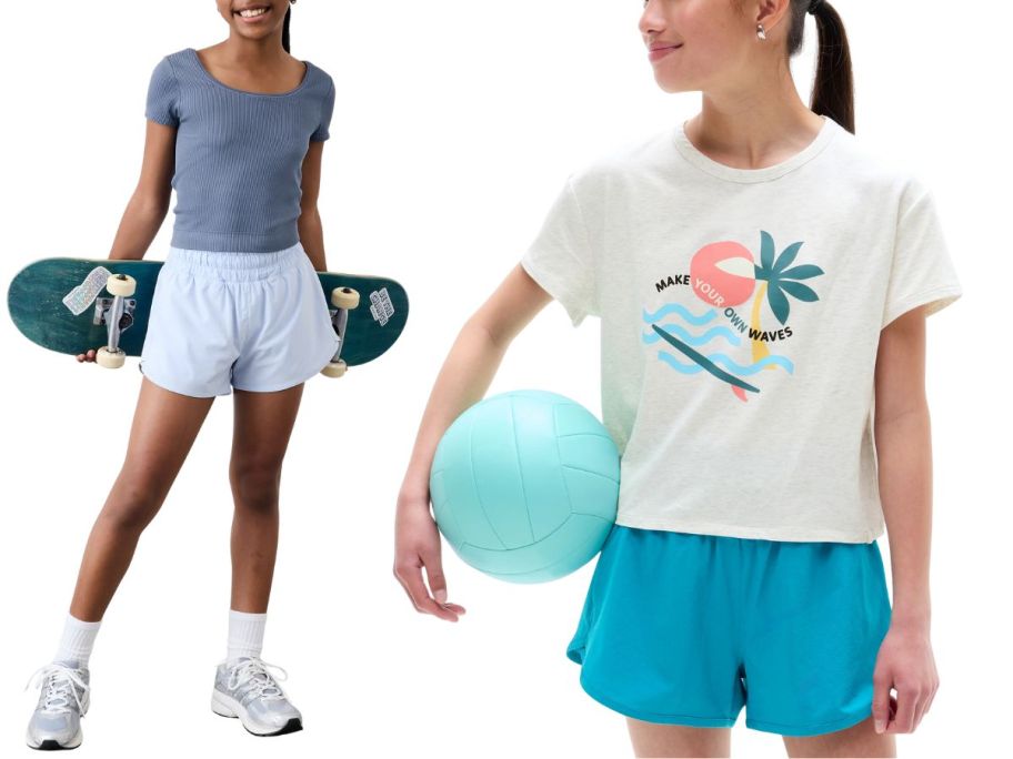 girl standing with skateboard wearing blue top and girl holding volleyball wearing white graphic crop top