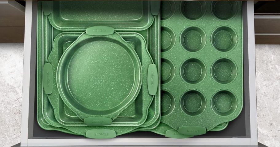 green marble Bakken 6-Piece Baking Pan Set in drawer