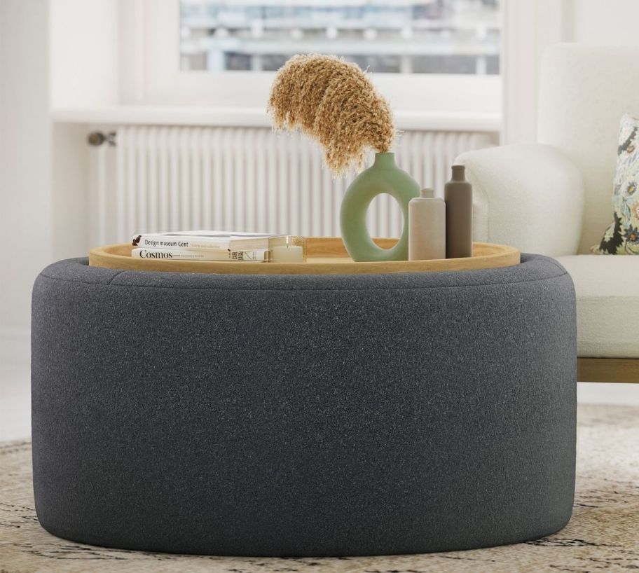 a round gray storage coffee table
