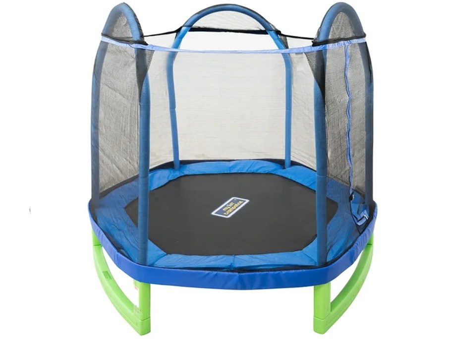 blue and green trampoline with safety enclosure 